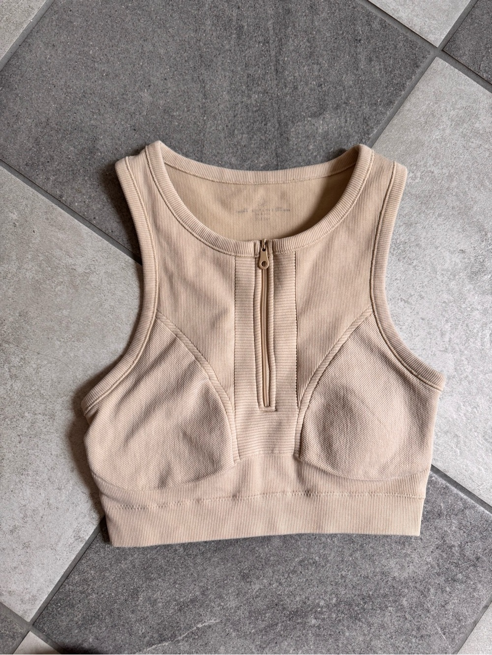 Aerie Beige Zip-Front Ribbed Workout Top size S